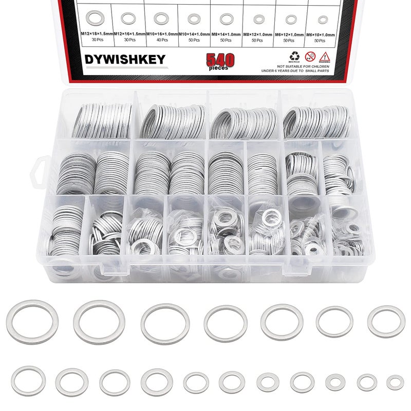 DYWISHKEY 540Pcs 18 Sizes Automotive Metric Oil Drain Plug Gasket Aluminum Flat Washer Assortment Kit (M6 M8 M10 M12 M14 M16 M18 M20 M22 M24) - Image 1